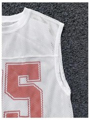 Men’s Number Jersey Shirt Crew Neck Sleeveless Mesh Tank Tops Y2k Large White
